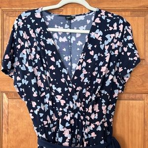 Torrid navy dress with hearts, hankie hem, v-neck, belted, with pockets!